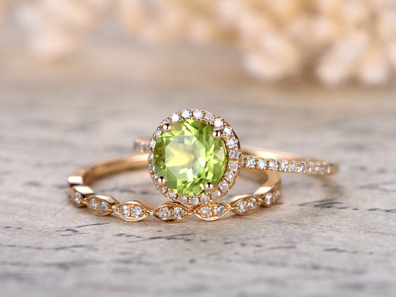 green peridot diamond halo ring set-peridot august birthstone wedding ring set yellow gold