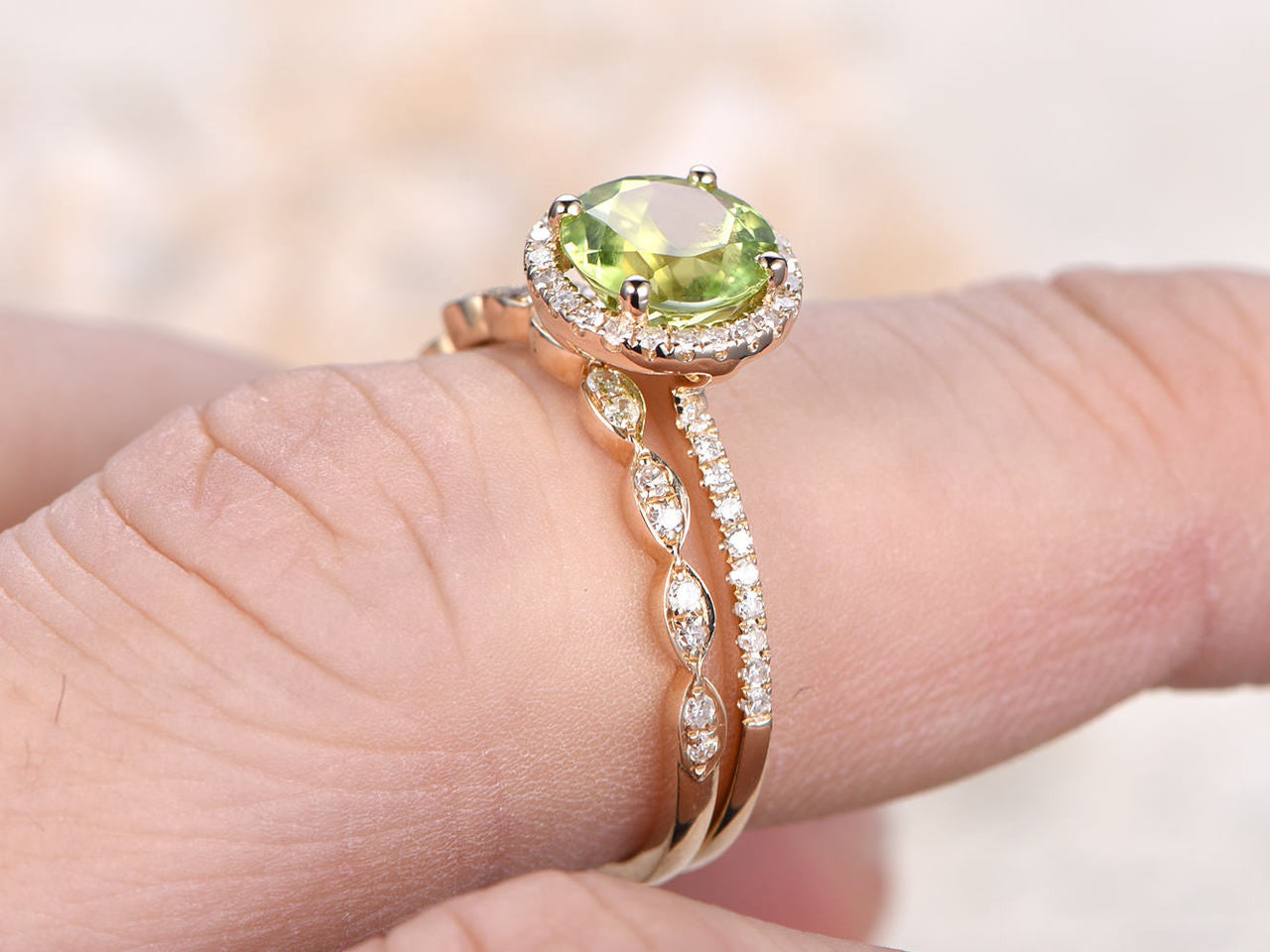 green peridot diamond halo ring set-peridot august birthstone wedding ring set yellow gold