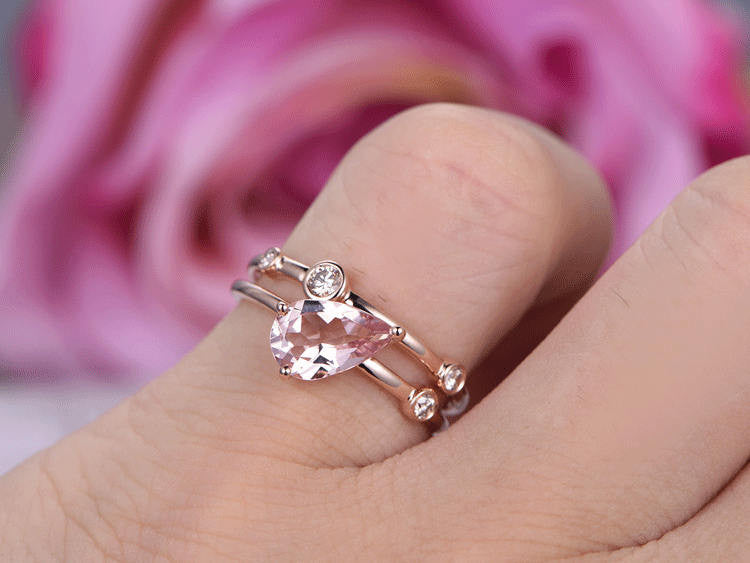 6x9mm Pear Cut Pink Morganite Engagement ring set