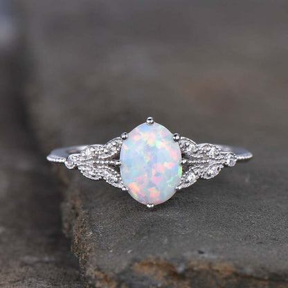 Oval White Opal Engagement Ring 14K Solid Rose Gold Opal Sapphire Ring Promise Ring