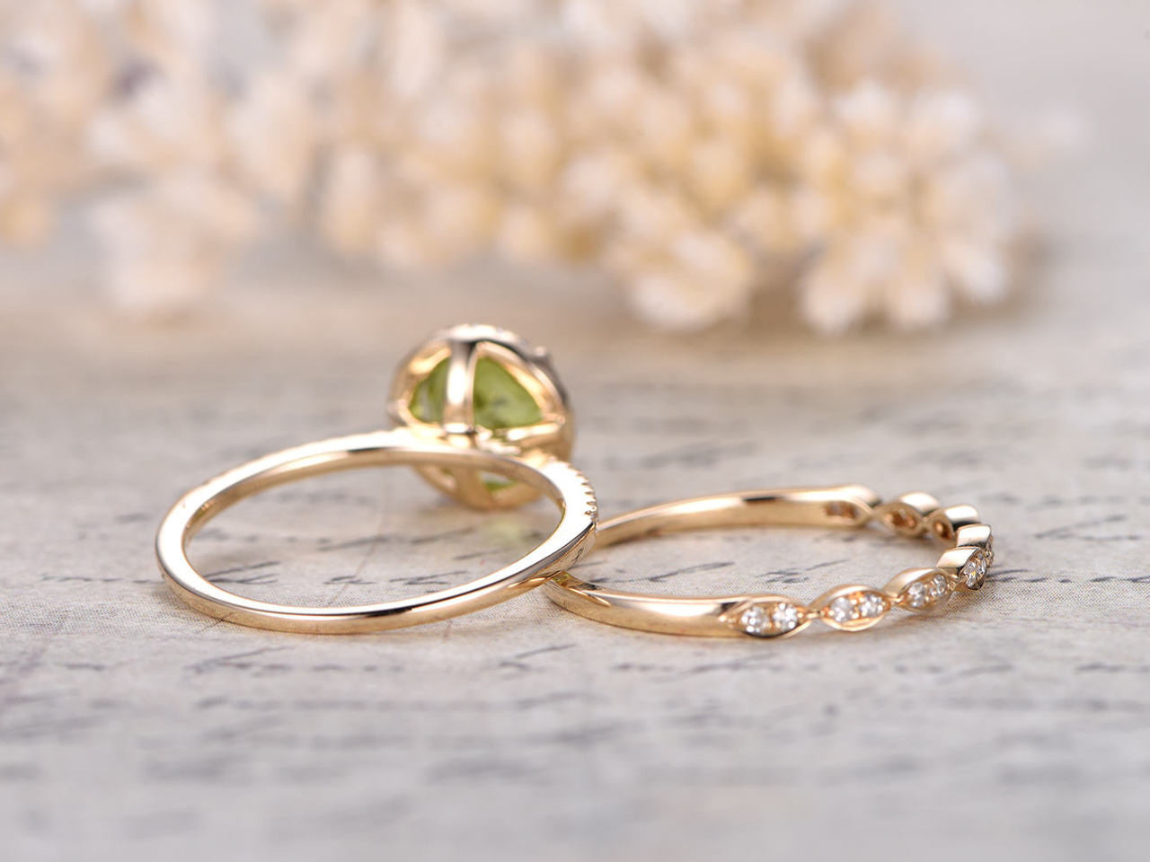 green peridot diamond halo ring set-peridot august birthstone wedding ring set yellow gold