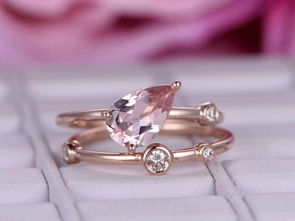 6x9mm Pear Cut Morganite Engagement ring set