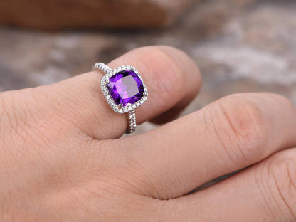 8mm Cushion Amethyst Engagement Ring Sterling Silver CZ Halo Wedding Ring