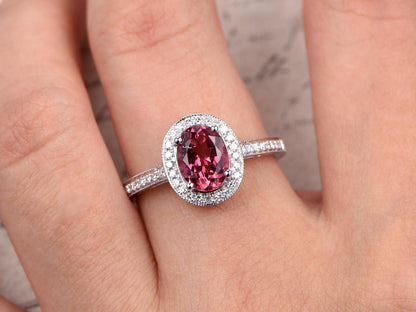 6x8mm Oval Pink Tourmaline Engagement Ring 14K White Gold 1.35ct Tourmaline Ring Diamond Ring Diamond Halo Ring,Half Eternity Diamond Band