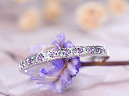 Alexandrite Wedding band,14k White Gold,Amethyst Wedding band,Anniversary ring,Promise ring,Half Eternity,Stackable,Pave Set,Gift for her