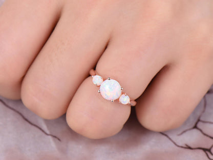 7mm Round Cut Floating Three Stone Opal Engagement Ring,14k Rose Gold