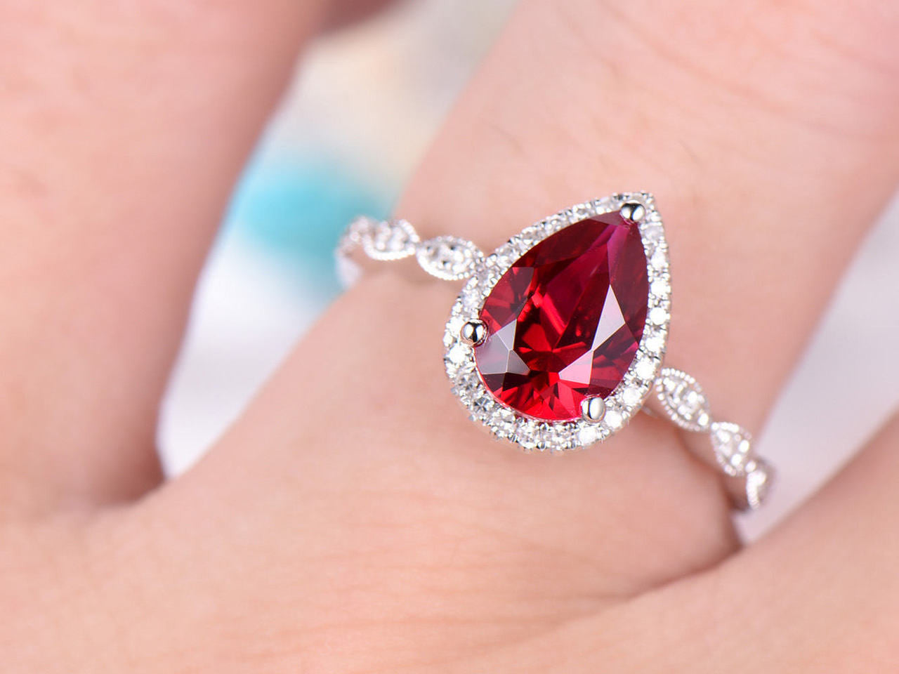 Pear Cut Ruby Engagement Ring,14k White Gold,Anniversary ring,Promise ring,Art deco,Vintage Marquise Band,Prong,Milgrain edge,Gift for her