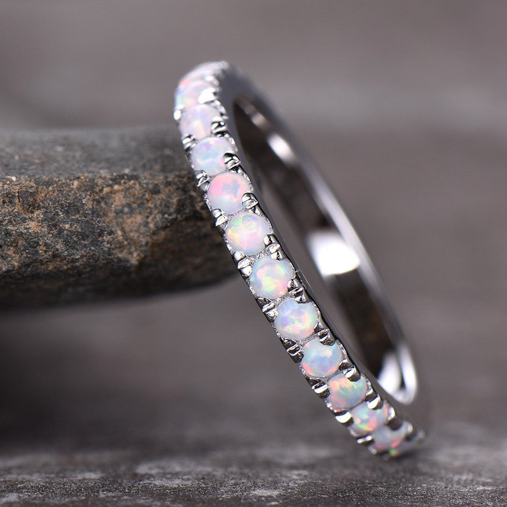 White Opal Silver Wedding Rings