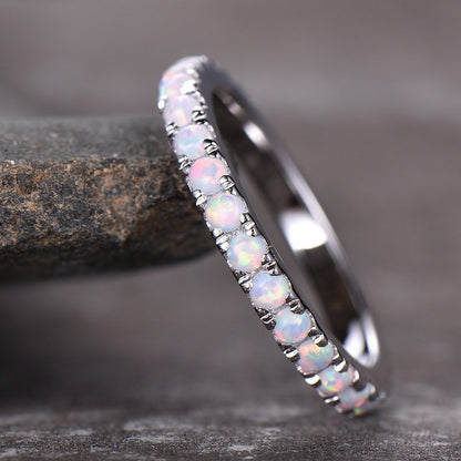 White Opal Silver Wedding Rings