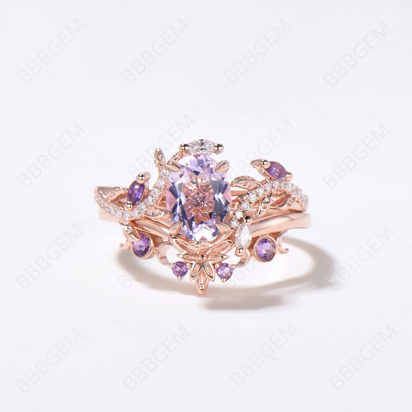 Exquisite 14K Rose Gold Bridal Set with 6x8mm Oval Lavender Amethyst