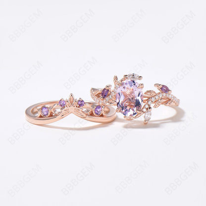 Exquisite 14K Rose Gold Bridal Set with 6x8mm Oval Lavender Amethyst