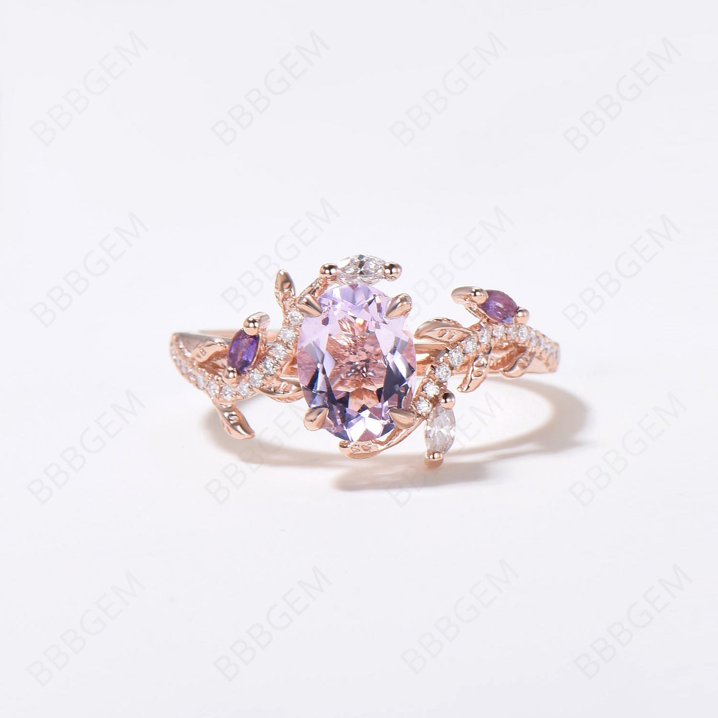 Exquisite 14K Rose Gold Bridal Set with 6x8mm Oval Lavender Amethyst