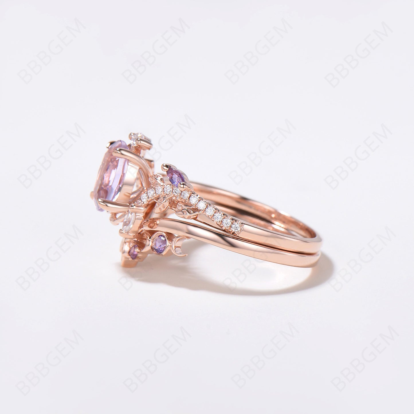 Exquisite 14K Rose Gold Bridal Set with 6x8mm Oval Lavender Amethyst