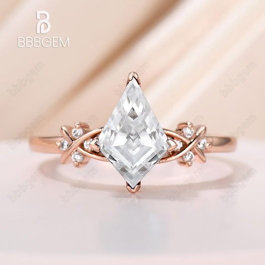 18K Rose Gold Kite Moissanite and Diamond Engagement Ring 4 Prong Vintage Inspired Women Promise Ring