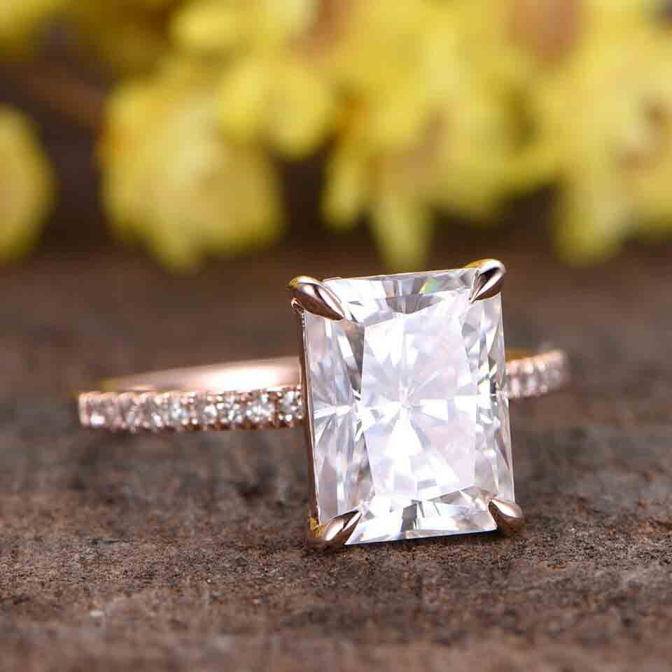 moissanite engagement rings-radiant cut moissanite wedding ring rose gold