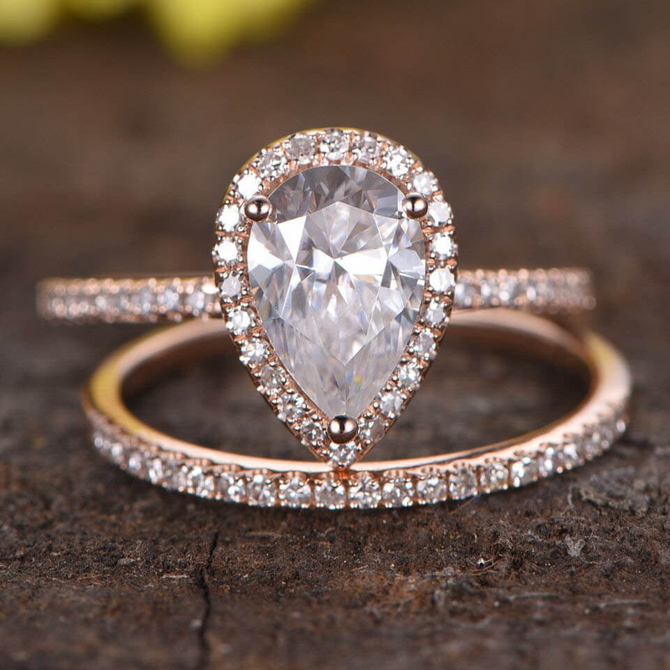 Pear shaped moissanite Bridal Set-BBBGEM Rose Gold Moissanite Ring