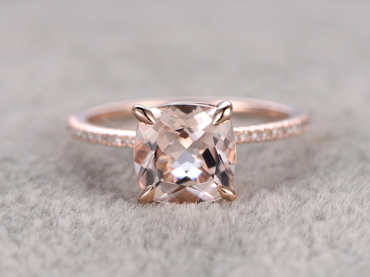 8mm Cushion Morganite Engagement Ring Diamond Wedding Ring 14k Rose Gold Claw Prongs Curved Basket Under