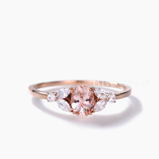 Pink Morganite and Marquise Moissanite Engagement Ring in Solid 14k Rose Gold