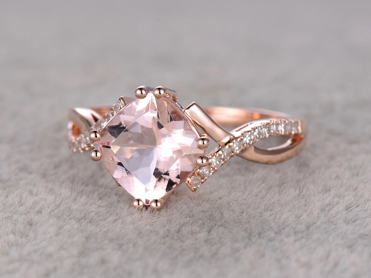 2.4 Carat Cushion Cut Morganite Engagement Ring Diamond Promise Ring 14k Rose Gold Split Shank Infinity Twisted Curved