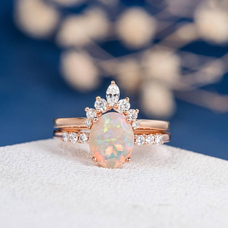 Opal Engagement Ring  yellow gold-Opal Engagement Ring Set