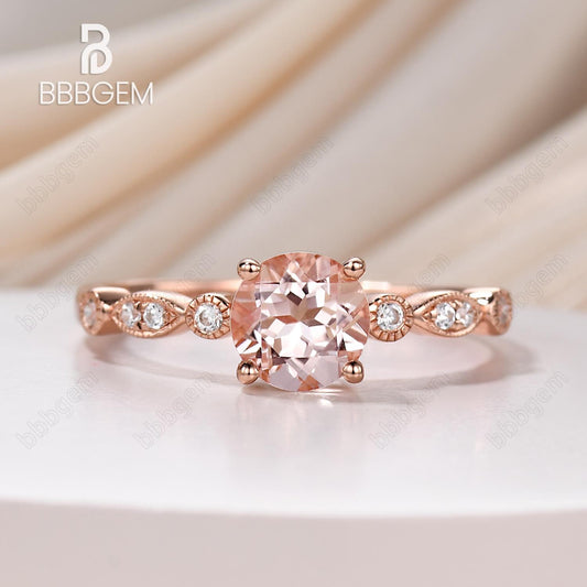 14k Rose Gold Natural Morganite Engagement Ring Art Deco Diamond Band Round Cut Morganite Women Stacking Ring Unique Anniversary Bridal Ring