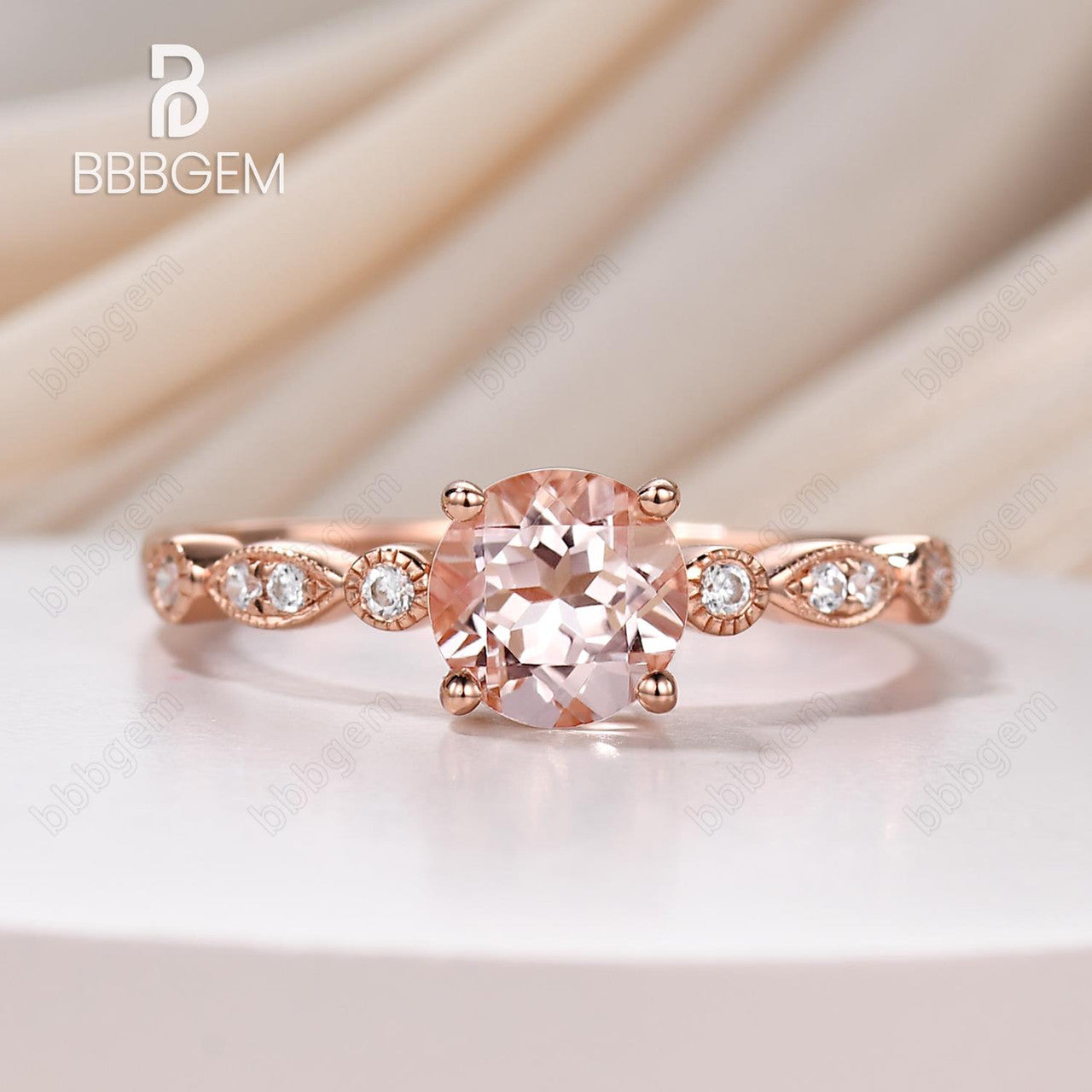 1 Carat Morganite Rose Gold Wedding Set Diamond Bridal Ring Art Deco Halo Stacking Matching Band