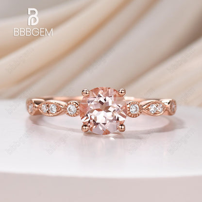 1 Carat Morganite Rose Gold Wedding Set Diamond Bridal Ring Art Deco Halo Stacking Matching Band