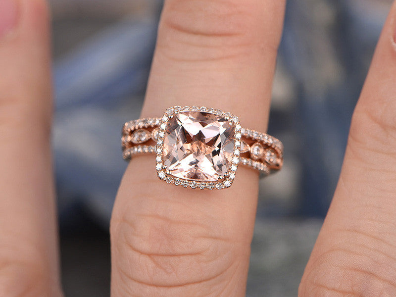 Rose Gold Morganite Wedding Set-BBBGEM 3 Carat Morganite Engagement Rings Set