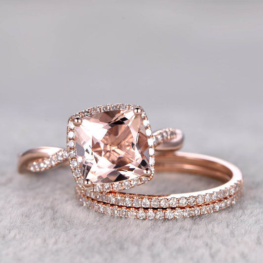 3 carat morganite engagement ring set-BBBEGM Cushion morganite engagement ring sets