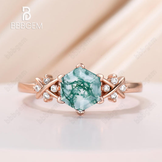 Rose Gold Hexagon Cut Moss Agate Side Stones Engagement Ring