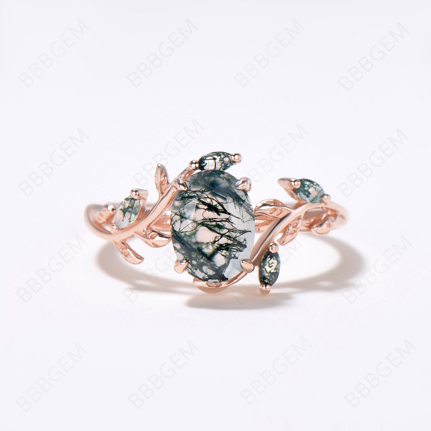 Vintage oval cut green moss agate engagement ring rose gold art deco cluster leaf nature inspired bridal promise wedding ring set women