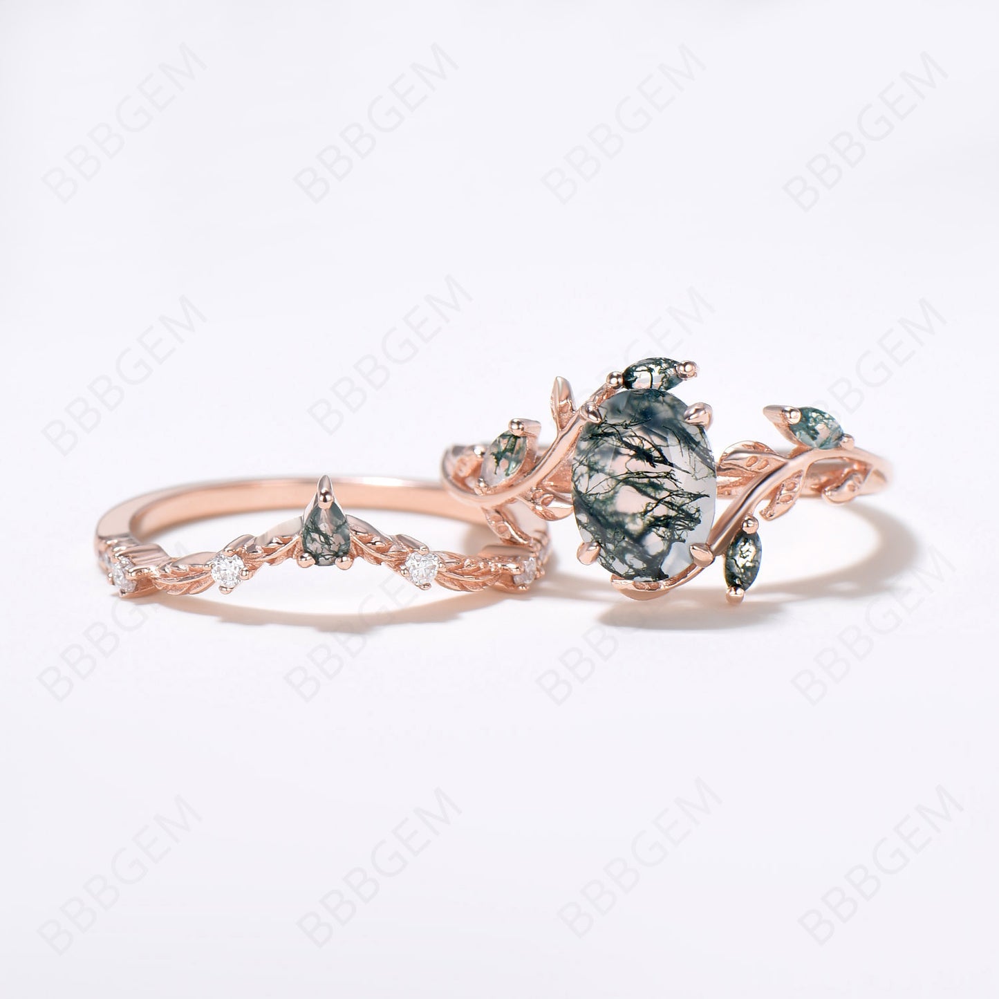 Vintage oval cut green moss agate engagement ring rose gold art deco cluster leaf nature inspired bridal promise wedding ring set women