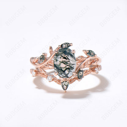 Enchanted Forest: Oval 6x8 Moss Agate Wedding Set in 14K Rose Gold - A Tribute to Nature's Elegance