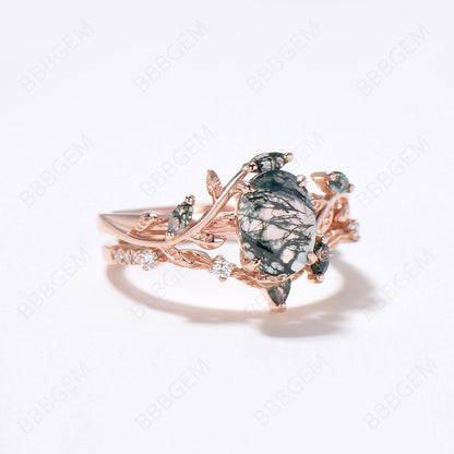 Vintage oval cut green moss agate engagement ring rose gold art deco cluster leaf nature inspired bridal promise wedding ring set women