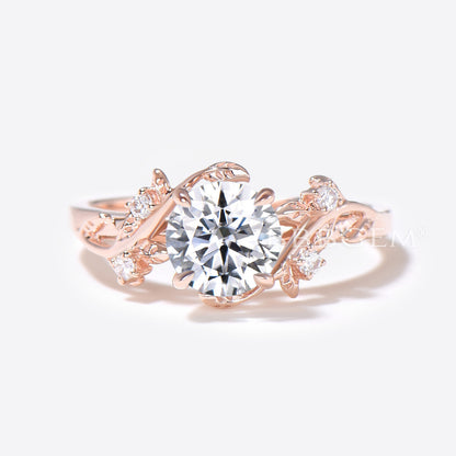 1ct Round Lab Grown Diamond Engagement Ring Rose Gold Leaf Vine Diamond Ring