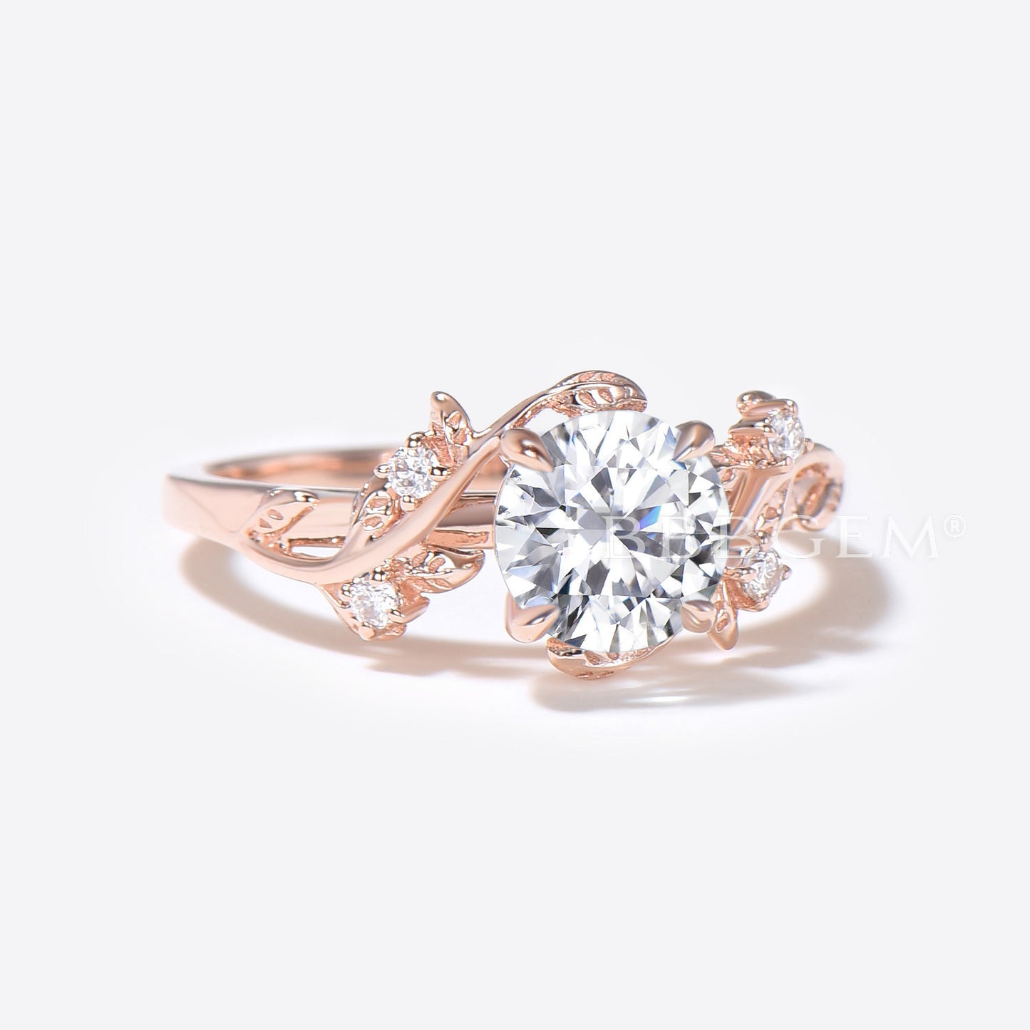 1ct Round Lab Grown Diamond Engagement Ring Rose Gold Leaf Vine Diamond Ring