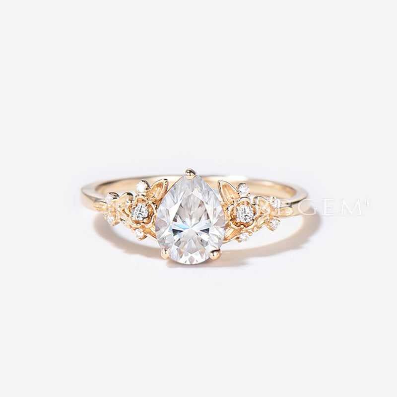 Pear Lab Grown Diamond Engagement Ring 14k Gold Floral Leaf Wedding Set