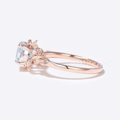 1ct Round Lab Grown Diamond Engagement Ring Rose Gold Leaf Vine Diamond Ring