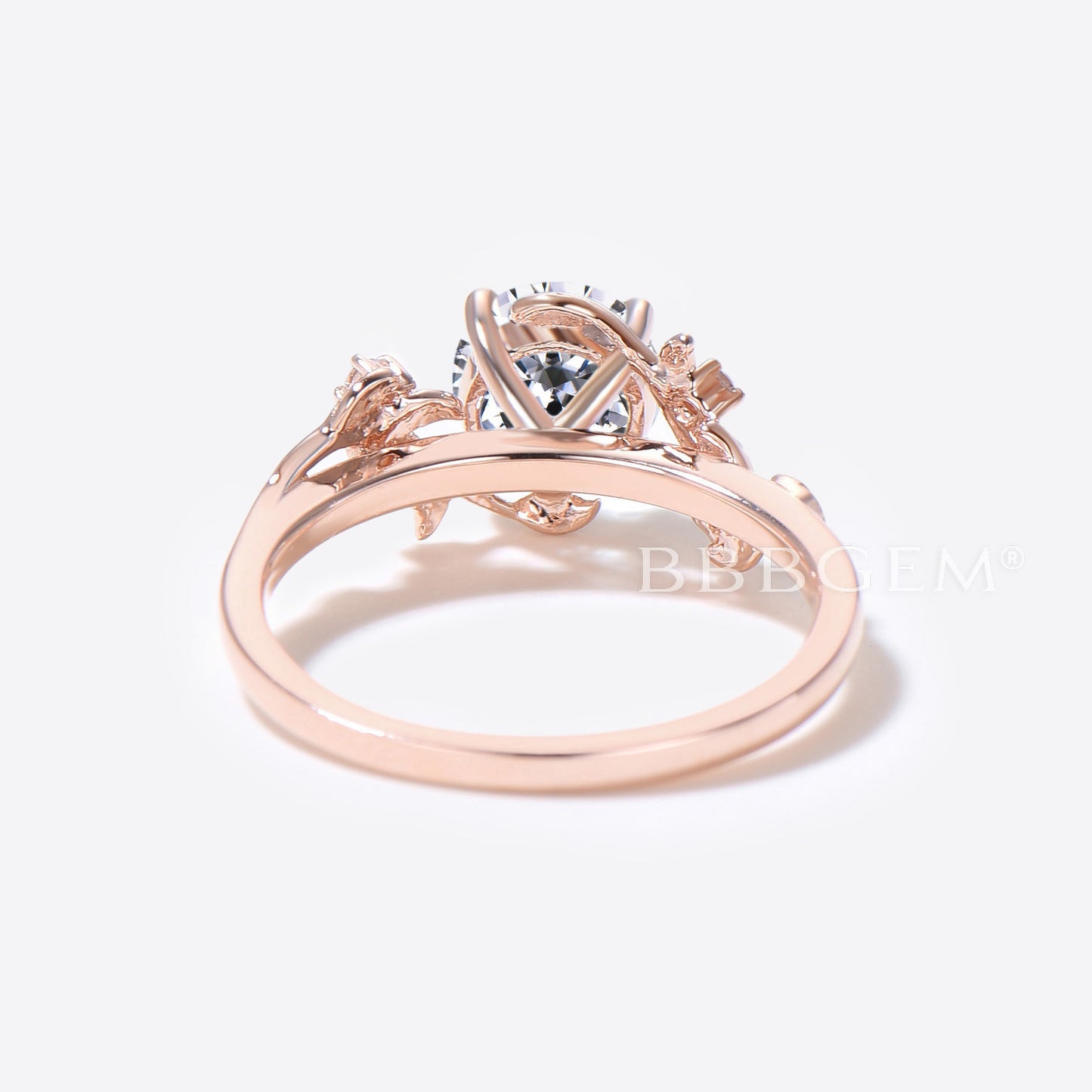 1ct Round Lab Grown Diamond Engagement Ring Rose Gold Leaf Vine Diamond Ring