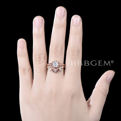 1ct Round Lab Grown Diamond Engagement Ring Rose Gold Leaf Vine Diamond Ring