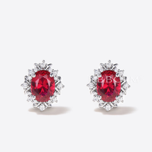 1.5CT Oval Cut Red Ruby Stud Earrings 14k White Gold Halo Diamond Earrings