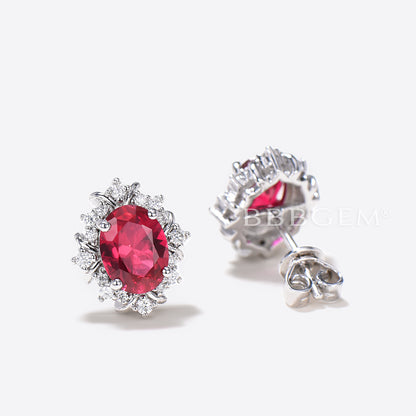 1.5CT Oval Cut Red Ruby Stud Earrings 14k White Gold Halo Diamond Earrings