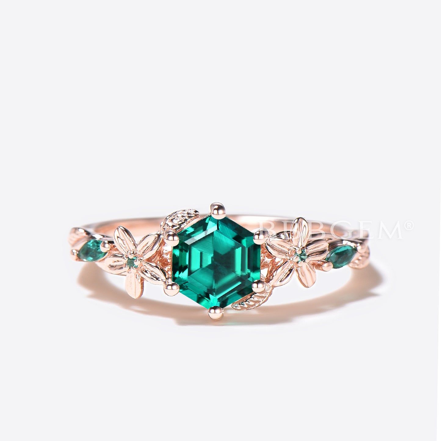 Leaf Design Hexagon Cut Emerald Engagement Ring Rose Gold Floral Wedding Ring