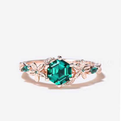 Leaf Design Hexagon Cut Emerald Engagement Ring Rose Gold Floral Wedding Ring