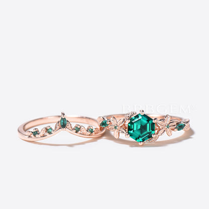 Leaf Design Hexagon Cut Emerald Engagement Ring Rose Gold Floral Wedding Ring