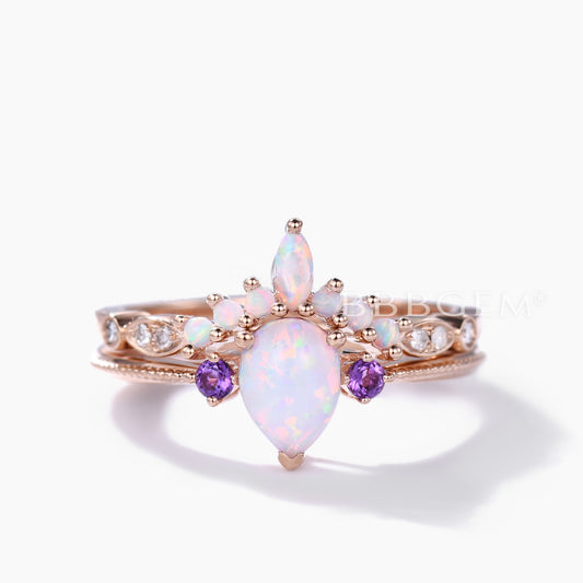 Unique Pear Opal Engagement Ring Set Rose Gold with Amethyst