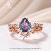 Art Deco Pear Lab Alexandrite Promise Ring Set Moissanite Leaf Stacking Band  Women Nature Inspired