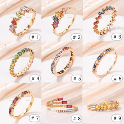 Multicolor Rainbow Band Baguette Zig-Zag Ring Rainbow Sapphire Stacking Ring Gradient Ombre Ring