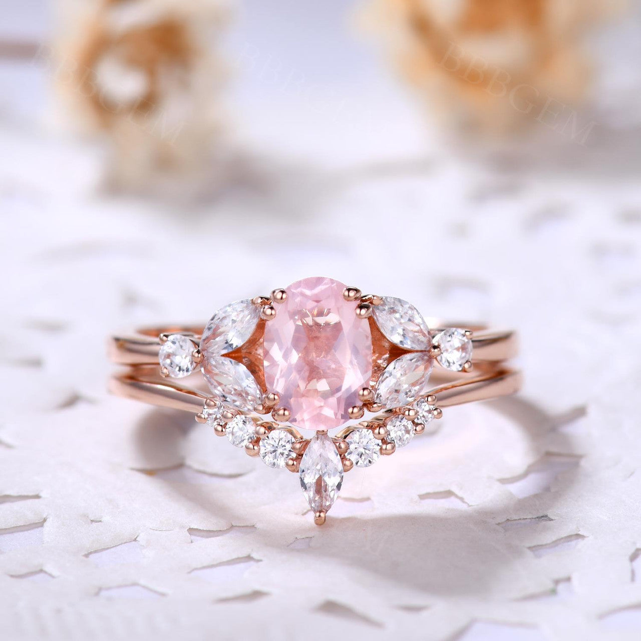 Oval Cut Rose Quartz Engagement Ring Set Curved Moissanite