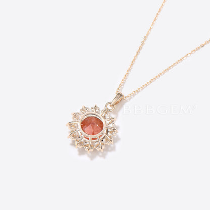 Solid Gold Round Sunstone Necklace Celestial Moon Halo Diamond Pendant